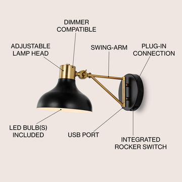 Lynn 15" Swing Arm Modern Midcentury Iron USB Charging Port LED Sconce